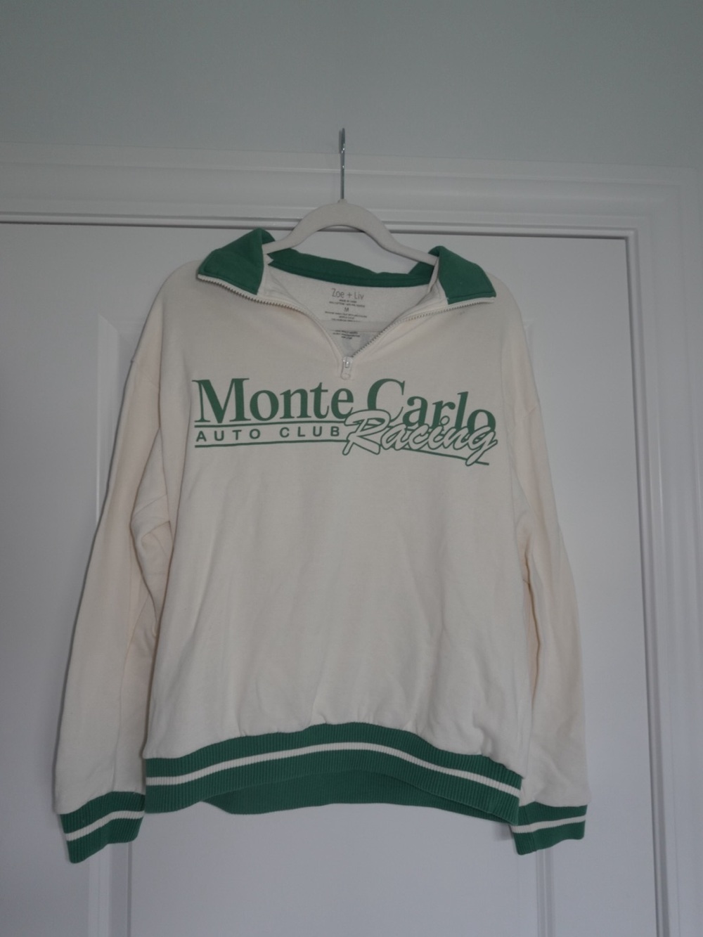 Zoe + Liv Cream and Green Monte Carlo Racing Quarter-Zip Sweater